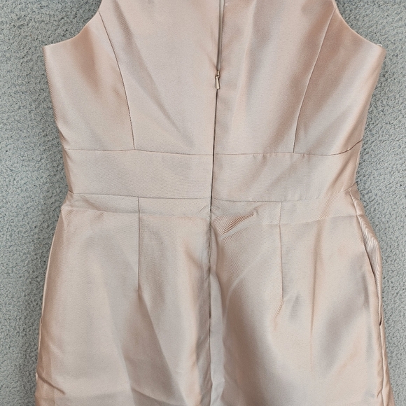 Alfred Sung Cocktail Dress Womens Sz 12 Nude Tan Beige Satin High Neck Pockets - Picture 9 of 11